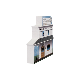 3/4" thick wood Model of a two-story building with a sign on a white background.