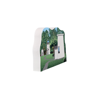 3/4" thick wooden Illustration of a lighthouse and surrounding buildings with trees in the background that you can display on your desk or shelf