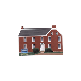 3/4" thick wooden illustration of a red building on a white background