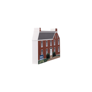 3/4" thick wooden illustration of a red building on a white background