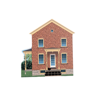 3/4" wooden replica with an illustration of a brick house with a white door on a white background