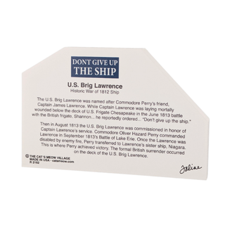 3/4" thick wooden cutout with text about U.S. Brig Lawrence on a white background