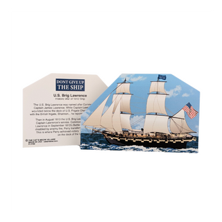 3/4" thick wooden cutout of a ship with a scenic background and text on a white background