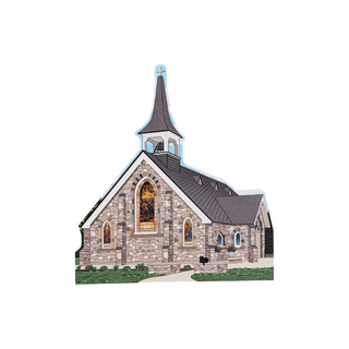 3/4" wooden replica with an illustration of a Stone church with a steeple on a white background