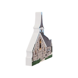 3/4" wooden replica with an illustration of a Stone church with a steeple on a white background