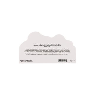 Wooden 3/4" Replica back with text about James A. Garfield National Historic Site on a white background