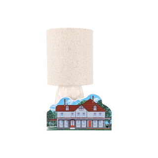3/4" thick wooden illustration of a home and a lamp on a white background