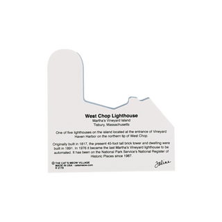 back of product with  black text about West Chop Lighthouse on a white background