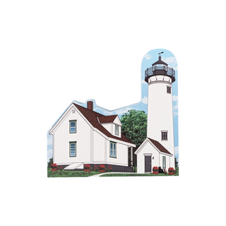 3/4" thick wooden replica with an Illustration of a lighthouse design on a white background
