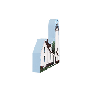 3/4" thick wooden replica with an Illustration of a lighthouse design on a white background