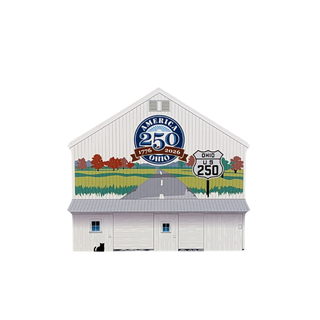 3/4" thick wooden barn illustration with America 250 Ohio logo