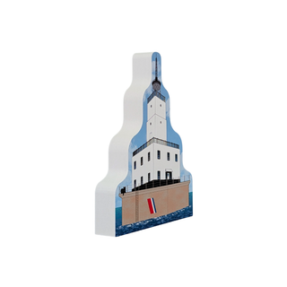 3/4" thick wooden replica with an illustration of a lighthouse over water, shown on a plain white background. The front features an illustration of a white lighthouse on a brown ship with blue water and sky.