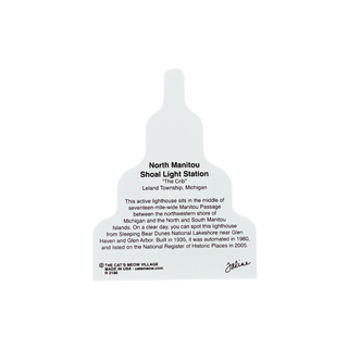 back of product with text about a lighthouse at the top and black text identifying North Manitou Shoal Light Station, shown on a plain white background.
