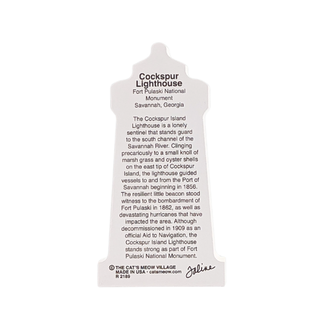 back of product with black text about Cockspur Lighthouse on a white background