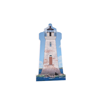 3/4" wooden replica with an illustration of a lighthouse with a blue sky and ocean background