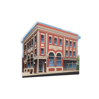 3/4" thick wooden replica with an Illustration of a 3 story brick building 