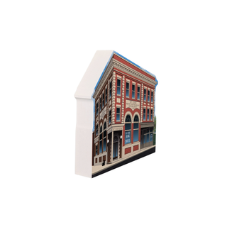 3/4" thick wooden replica with an Illustration of a 3 story building 