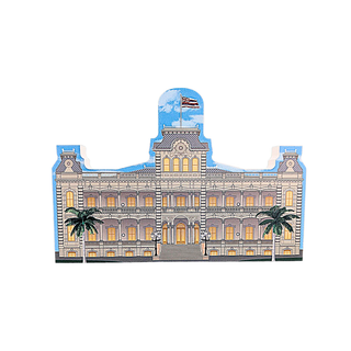 3/4" thick wooden  model of a large building with a blue sky and palm trees on a white background
