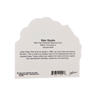 Back of a product with text about Weir Studio and Julian Alden Weir on a white background