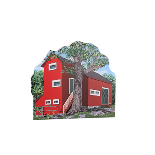 3/4" wooden replica with an illustration of a Red barn with a tree in front on a white background