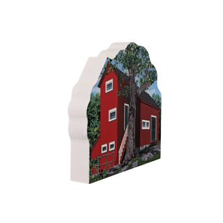 3/4" wooden replica with an illustration of a red house and tree design on a white background