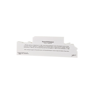 Back of 3/4" thick wood model with information about the Route 66 Museum on a white background