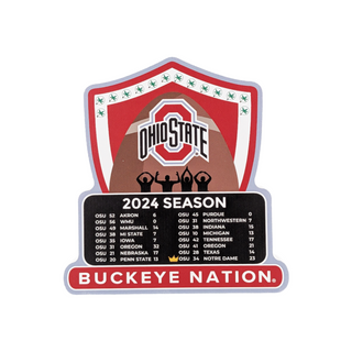 3/4" thick wooden replica with an illustration of Ohio State 2024 season schedule decal with team logo and text on a white background