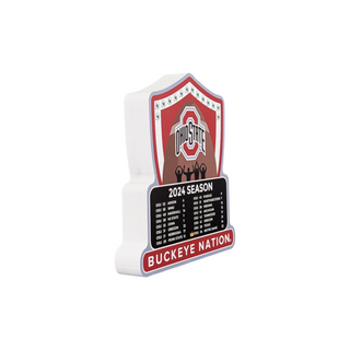3/4" thick wooden replica with an illustration of Ohio State 2024 season schedule decal with team logo and text on a white background