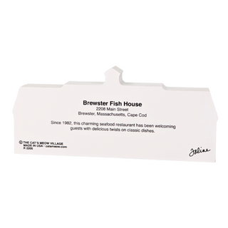 3/4" thick wooden keepsake with text about Brewster Fish House on a white background