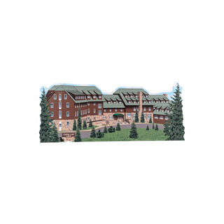 3/4" wooden cut out replica of an Illustration of a large brick building with greenery on a white background
