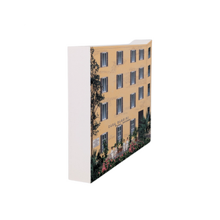 3/4" thick wooden replica with an Illustration  of a building and windows on a white background