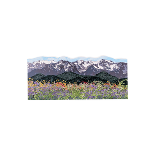 3/4" wooden cut out replica of an illustration of a Mountain landscape with snow-capped peaks and a field of colorful flowers.