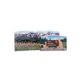 3/4" wooden cut out replica of an illustration of a mountains and flowers and the sign for olympic national park 