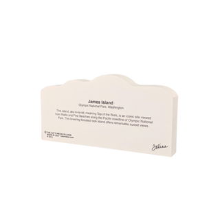 White 3/4" thick wooden model with text about James Island in Olympic National Park on a white background