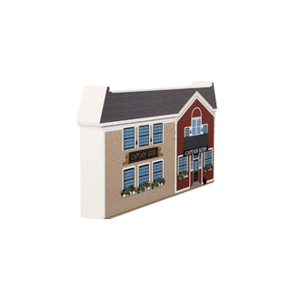 3/4" thick wooden Model of a two-story building with a red facade and white trim on a white background