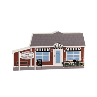 3/4" thick wooden Illustration of a restaurant building with a striped awning on a white background