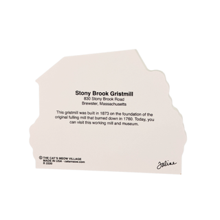 Back of 3/4" thick wooden model with text about Stony Brook Gristmill on a white background