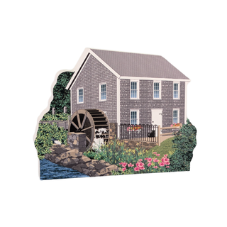 3/4" thick wooden Illustration of a gristmill with a water wheel and garden on a white background