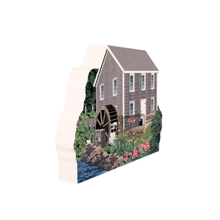3/4" thick wooden Model of a gristmill with a watermill and garden on a white background