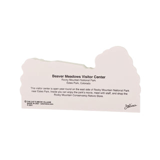 back of wooden replica with text about Beaver Meadows Visitor Center on a white background