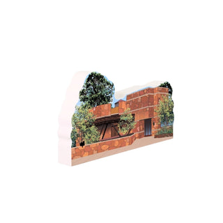 3/4" wooden replica with an illustration of a building with trees on a white background