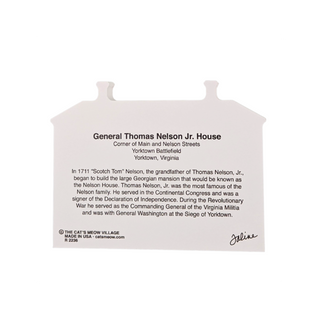 3/4" thick wooden cutout about General Thomas Nelson Jr. House with text on a white background