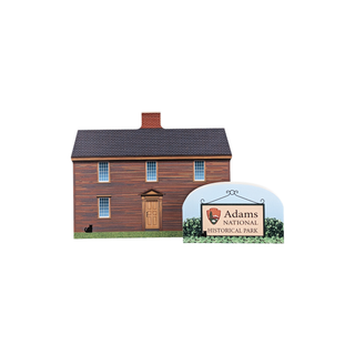 3/4" wooden replica with an illustration of a brick building with a sign for Adams National Historical Park on a white background