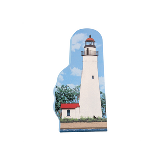 3/4" thick wooden replica with an Illustration of a lighthouse design on a white background