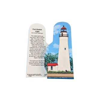 3/4" thick wooden replica with an Illustration of a lighthouse design on a white background