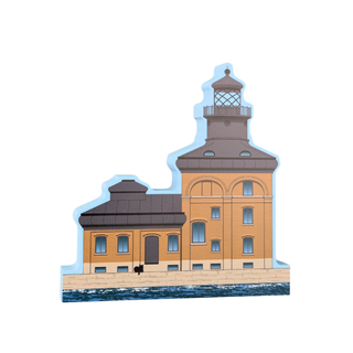 3/4" thick wooden replica with an Illustration of a lighthouse with a brown and beige color scheme on a white background.