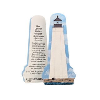 3/4" thick wooden replica with an Illustration of Lighthouse with text on a white background