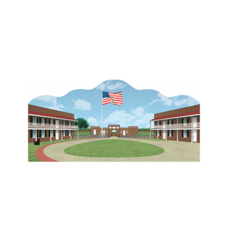 3/4" thick wooden Illustration of a brick building complex with an American flag on a white background
