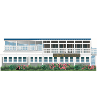 wooden replica with an Illustration of a two-story building with a balcony and 'The Skipper resturant' sign, surrounded by flowers and plants.