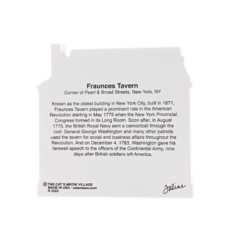 3/4" thick wooden cutout  with text about Frances Tavern in New York City on a white background